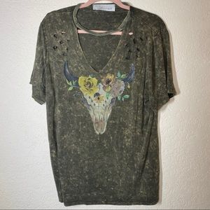 Vintage Havana Olive Green Distressed Tee w Cutout